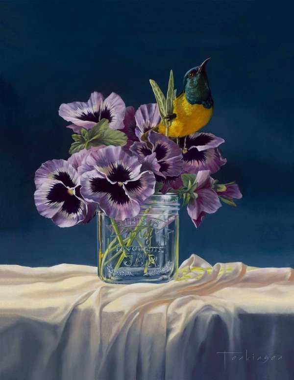 African Sunbird in Pansies Limited Edition on Aluminum - 60x46cm.