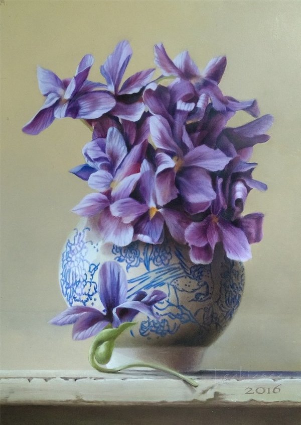 SOLD - African Peacock Violets - Original artwork by Leone Tonkinson